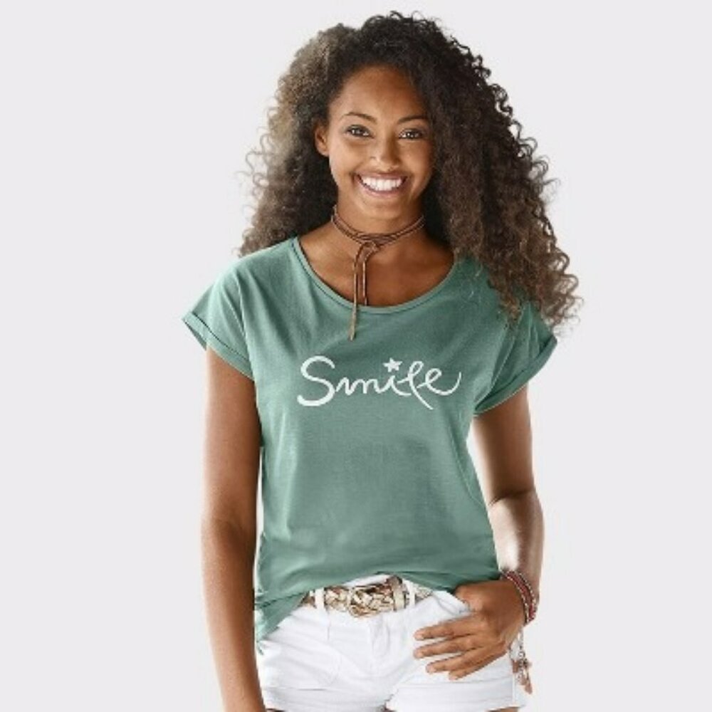 LASCANA SMILE Graphic Short Sleeve Top Sage Green Cotton Round Neck Size M